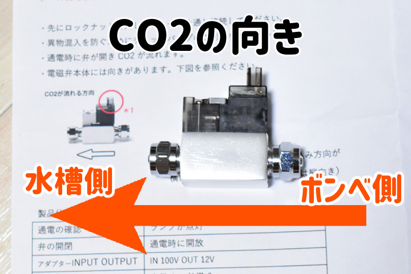 CO2電磁弁「SV120」のCO2の向き
